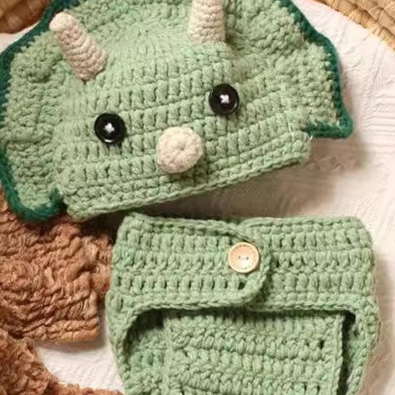 Baby Dinosaur Knitted Hat And Pants Set For Newborn Photography 2Pcs Yarn Costume - Image 5